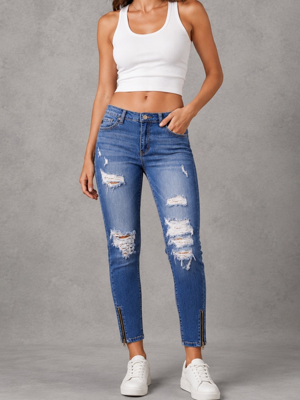 KanCan Distressed Ankle Zip Jeans Medium Wash Stretch Size 26